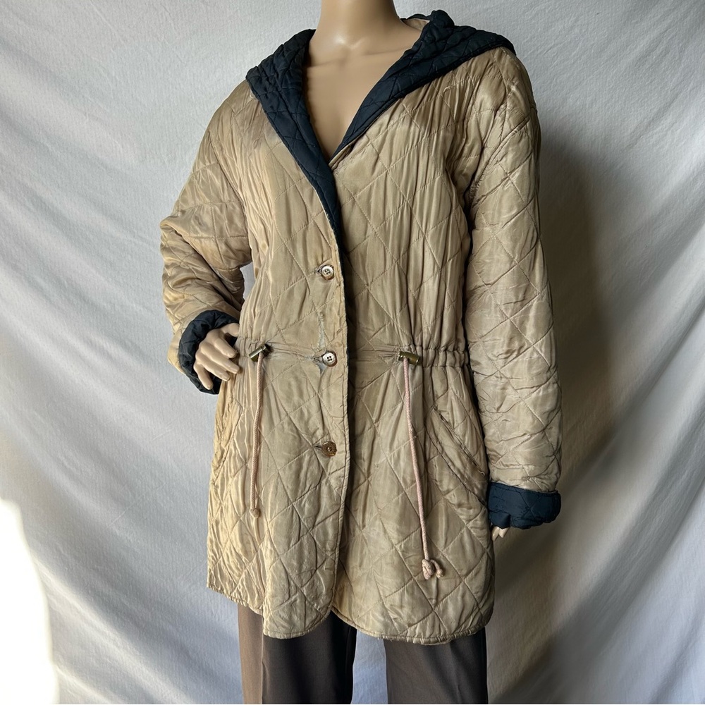 ECHO PARK
Vintage silk tan and black quilted oversized hooded jacket